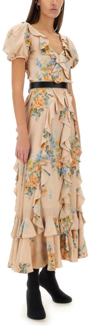Alexander McQueen Floral Print Ruched Silk Dress Neutraal