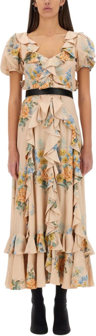 Alexander McQueen Floral Print Ruched Silk Dress Neutraal