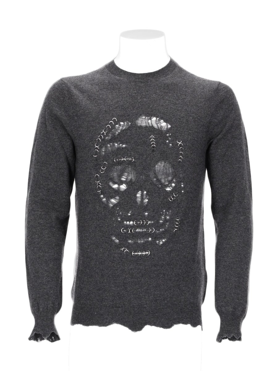 Alexander McQueen Distressed Skull Pattern Knit Sweater Grijs