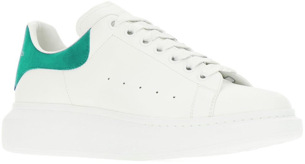 Alexander Mcqueen White leather sneakers with sea green suede heel Wit