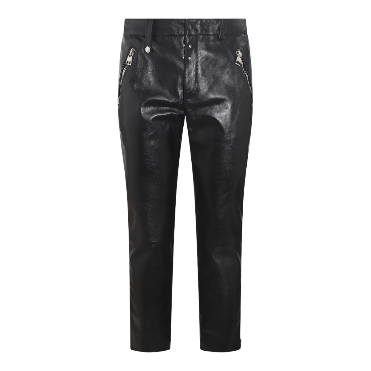 Alexander McQueen Slim Fit Black Leather Trousers With Zippered Pockets Zwart