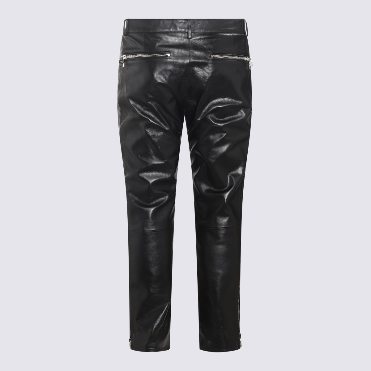 Alexander McQueen Slim Fit Black Leather Trousers With Zippered Pockets Zwart