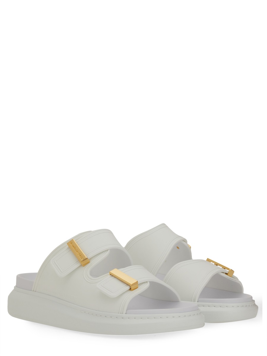 Alexander McQueen Gold Oversized Buckles Slide Sandals Wit