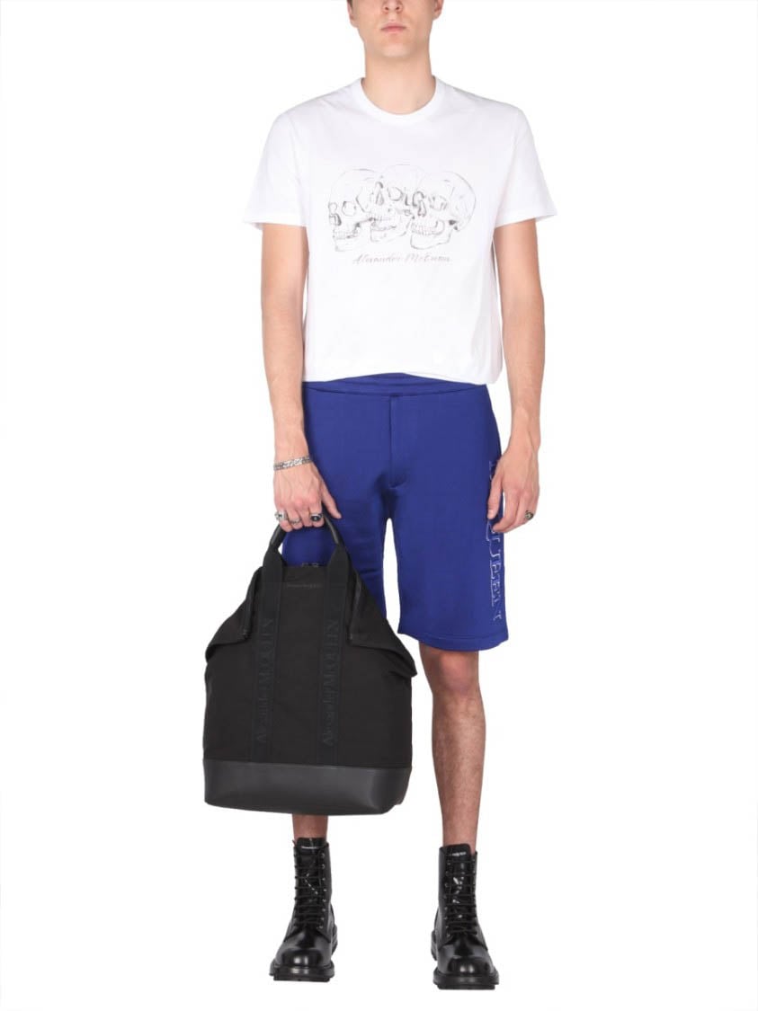 Alexander McQueen Blue Shorts With Embroidered Logo Blauw