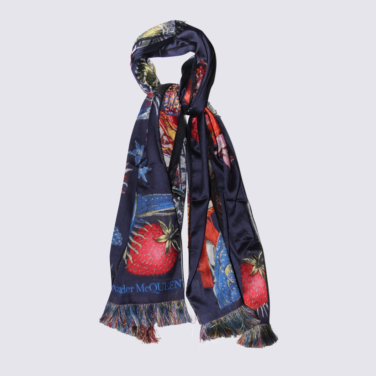 Alexander McQueen Navy Blue Printed Scarf With Multicolored Fringes Grijs