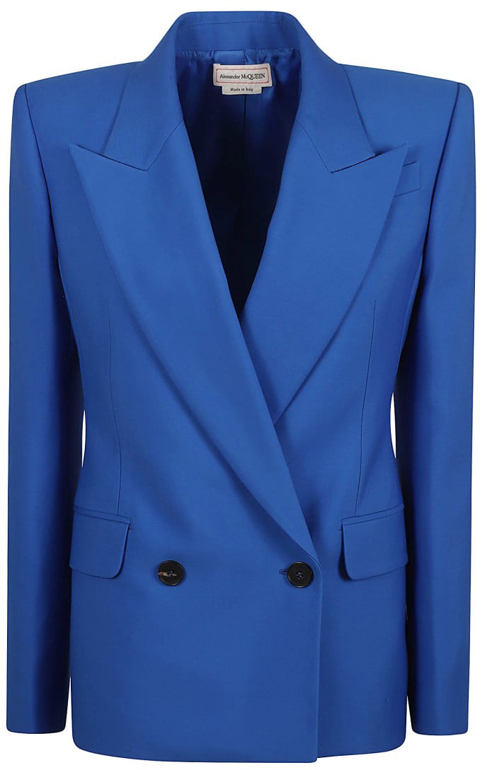 Alexander McQueen Double-Breasted Structured Jacket With Wide Lapels Blauw