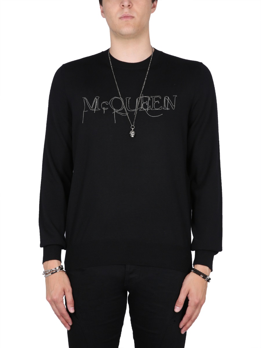 Alexander McQueen Logo Embroidered Wool Sweater Zwart