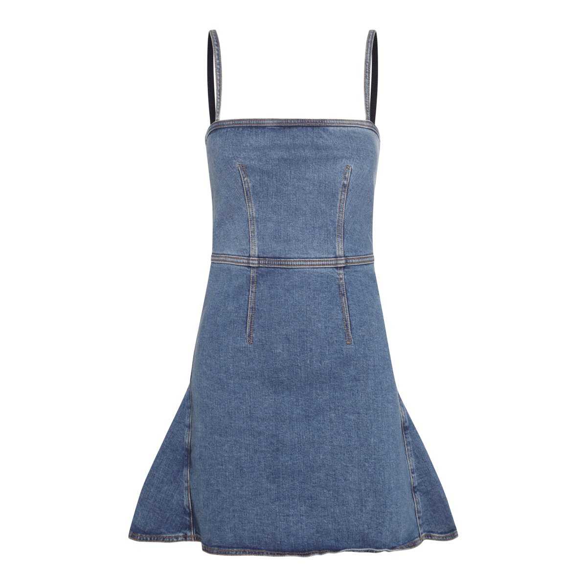 Alexander McQueen Flared Denim Mini Dress With Square Neckline And Peplum Hem Blauw