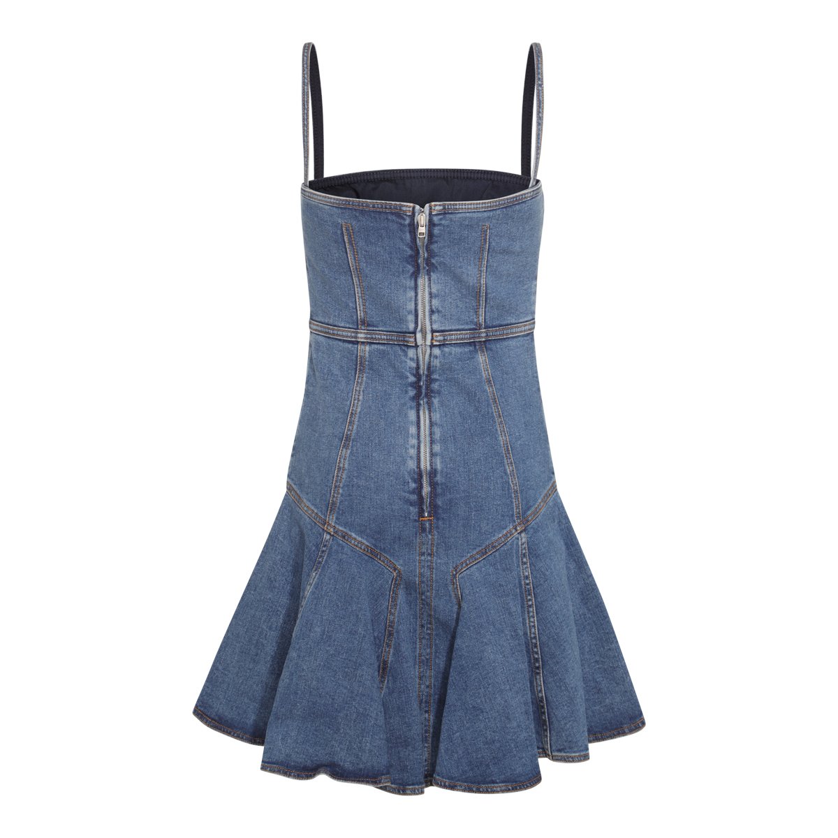 Alexander McQueen Flared Denim Mini Dress With Square Neckline And Peplum Hem Blauw