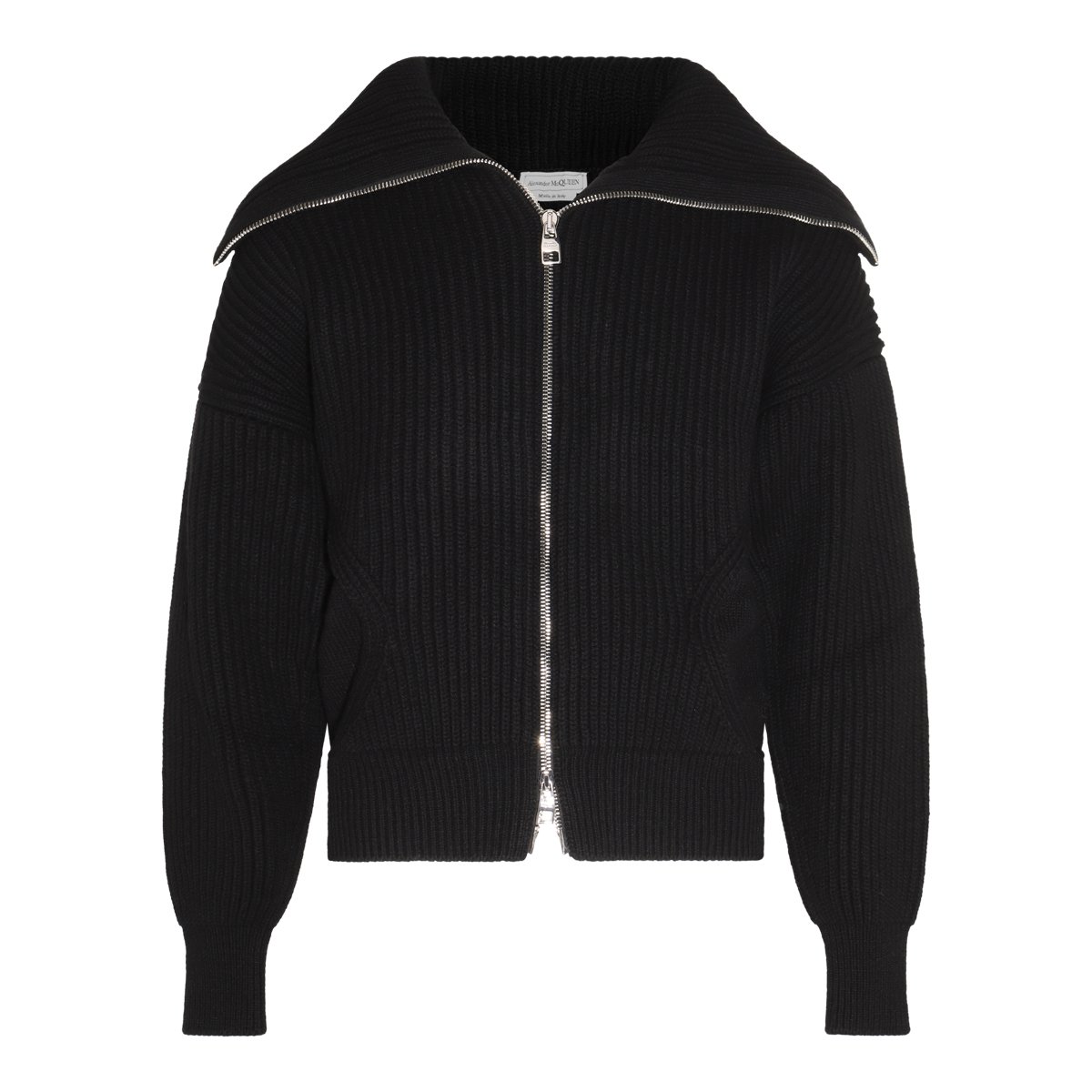 Alexander McQueen Ribbed Knit Zip-Up Sweater With Silver Finish Details Zwart