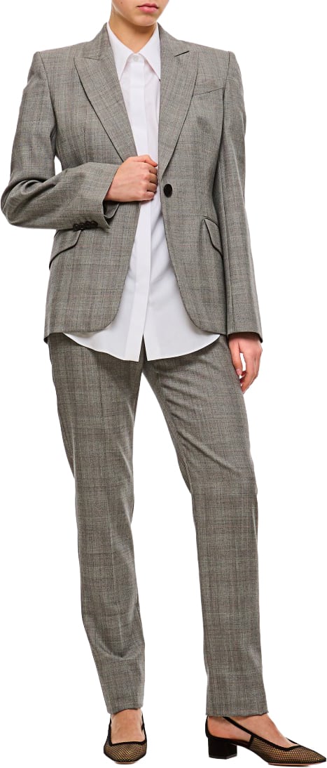 Alexander McQueen Single-Breasted Slim Fit Blazer with Padded Shoulders and Multicolor Check Pattern Grijs