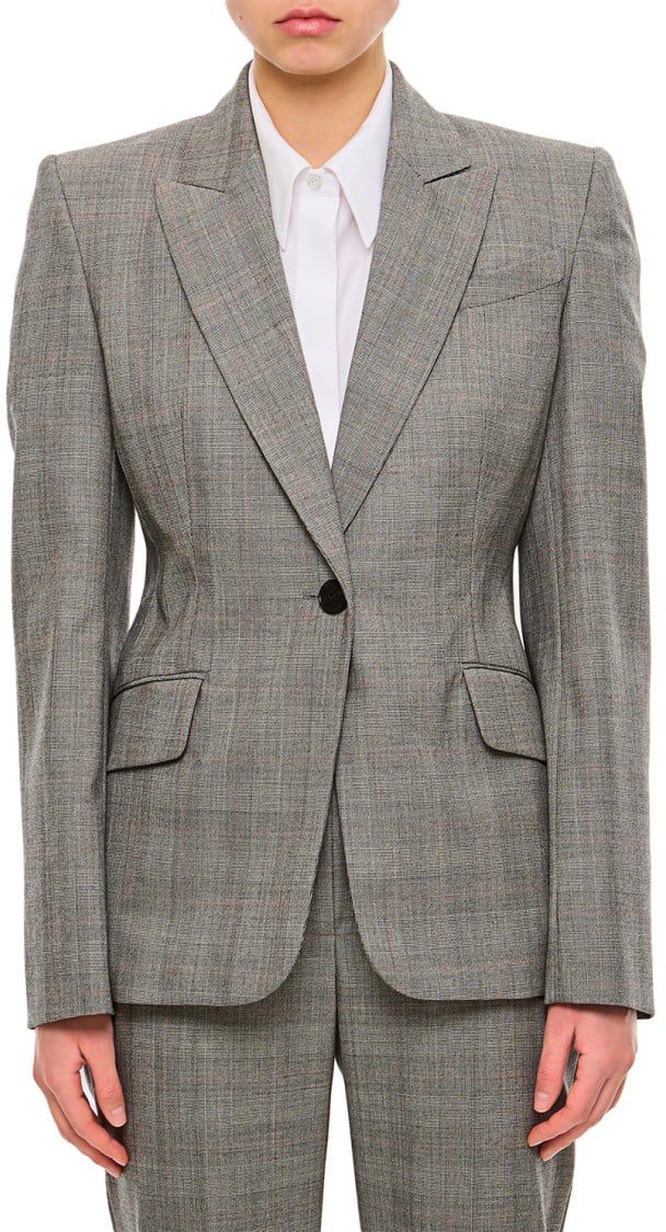 Alexander McQueen Single-Breasted Slim Fit Blazer with Padded Shoulders and Multicolor Check Pattern Grijs