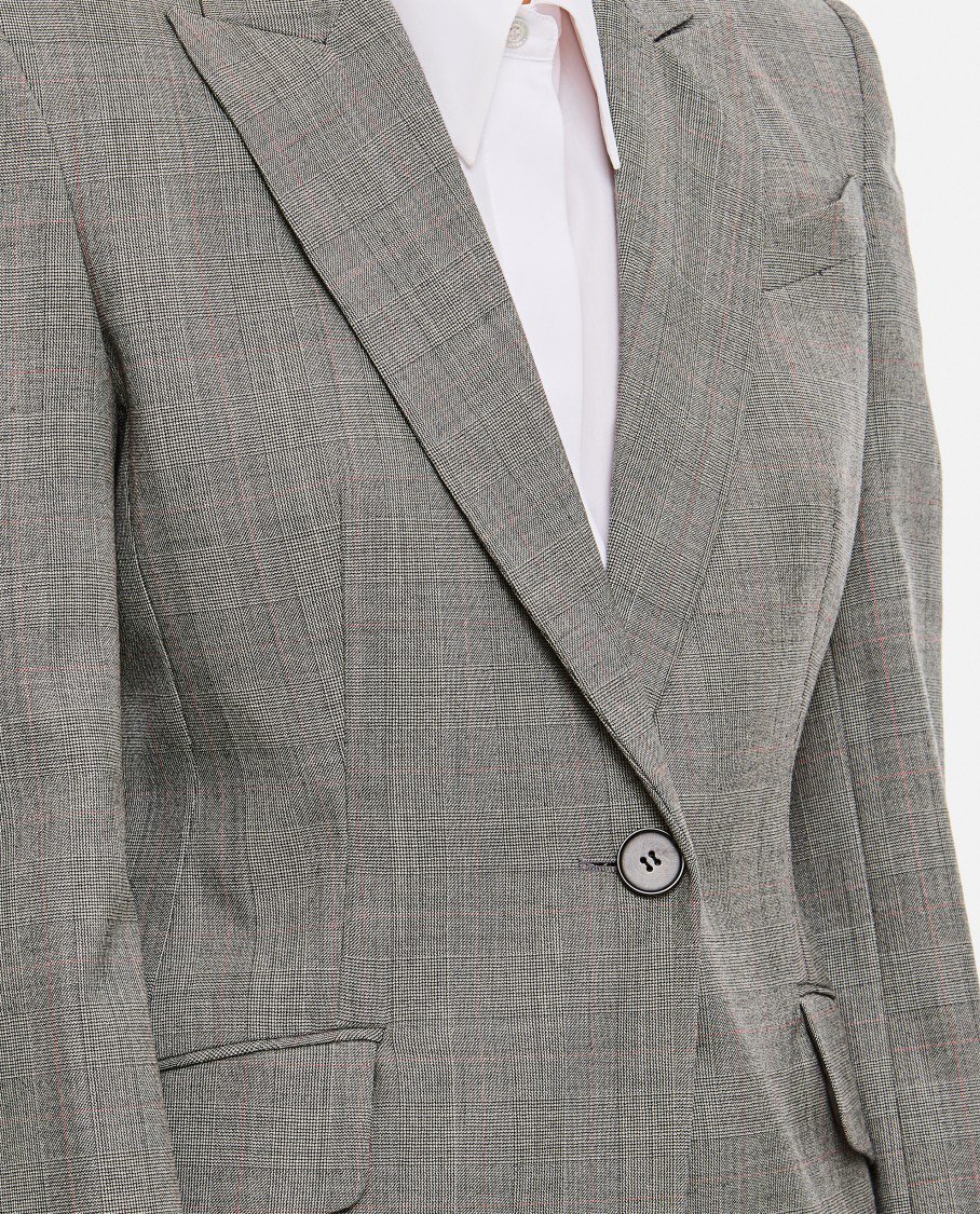 Alexander McQueen Single-Breasted Slim Fit Blazer with Padded Shoulders and Multicolor Check Pattern Grijs