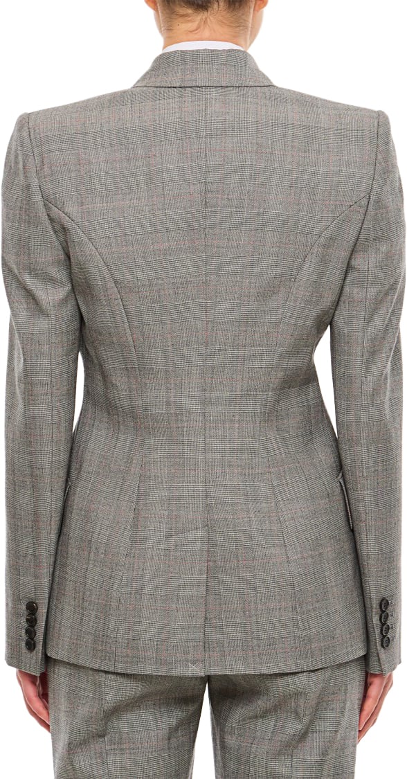Alexander McQueen Single-Breasted Slim Fit Blazer with Padded Shoulders and Multicolor Check Pattern Grijs