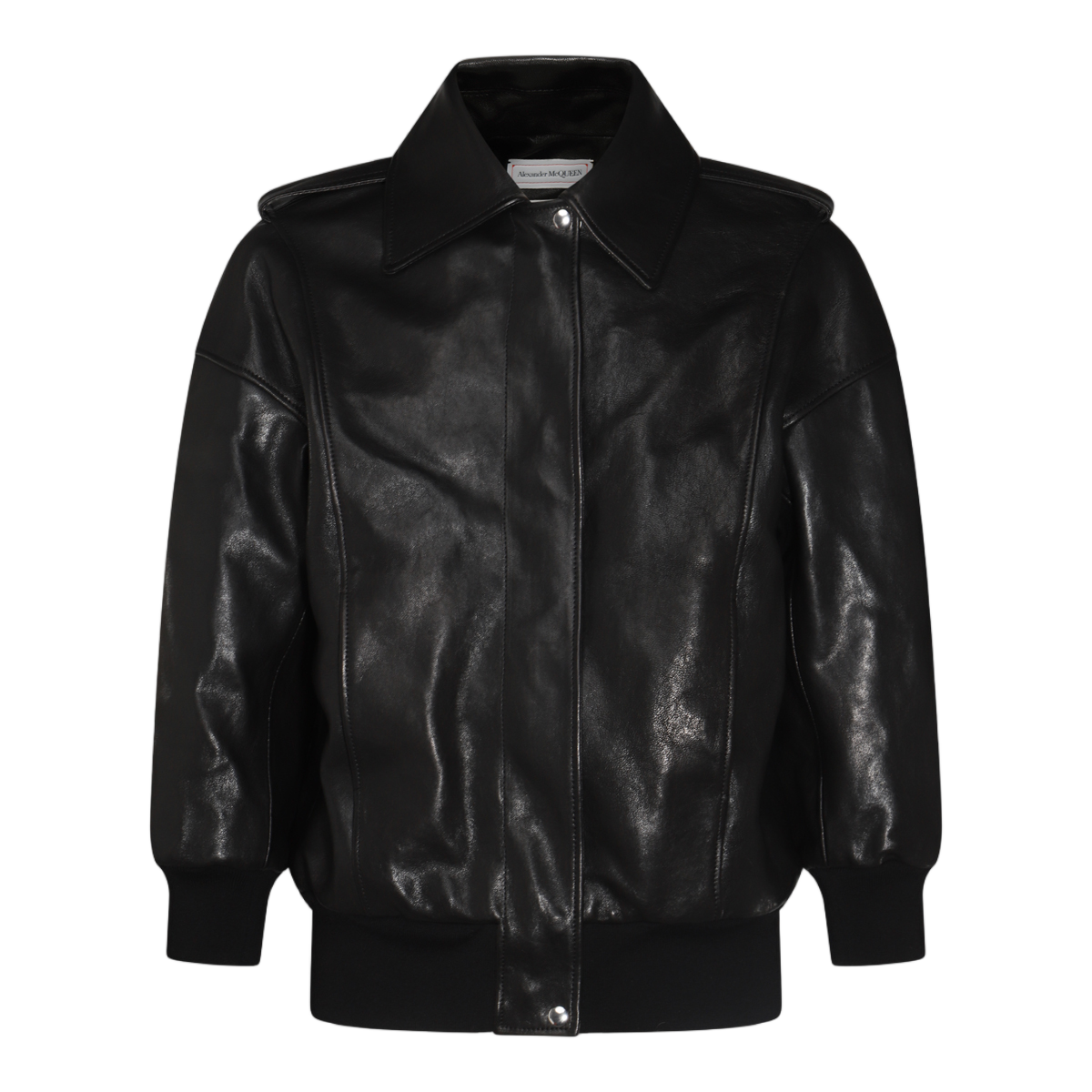 Alexander McQueen Sleek Black Leather Jacket with Structured Collar Zwart
