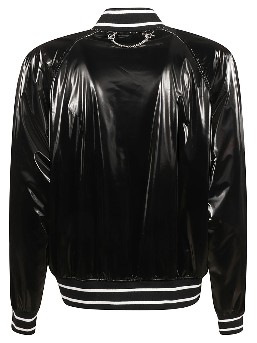Alexander McQueen Glossy Black Bomber Jacket With Contrasting Stripes Zwart