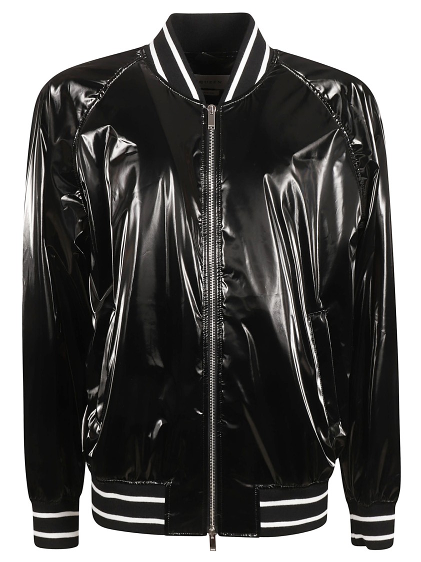 Alexander McQueen Glossy Black Bomber Jacket With Contrasting Stripes Zwart
