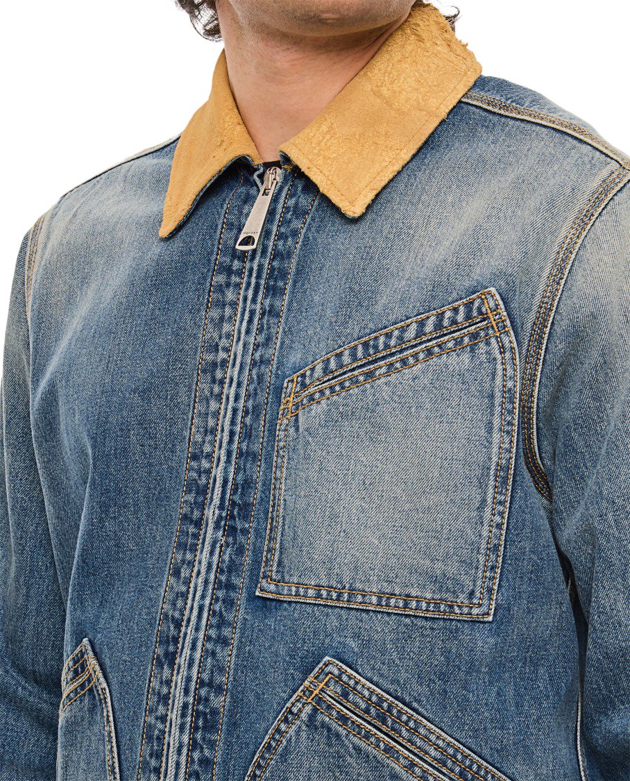Alexander McQueen Denim Workwear Jacket With Distinctive Tan Collar And Multiple Pockets Blauw