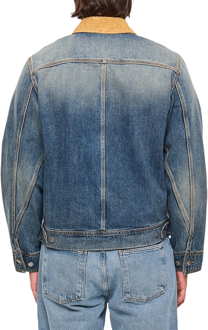 Alexander McQueen Denim Workwear Jacket With Distinctive Tan Collar And Multiple Pockets Blauw
