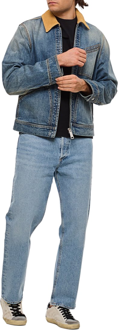 Alexander McQueen Denim Workwear Jacket With Distinctive Tan Collar And Multiple Pockets Blauw