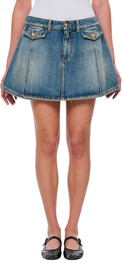 Alexander McQueen Stone-Washed Denim Miniskirt With Flap Pockets And Pintuck Details Blauw