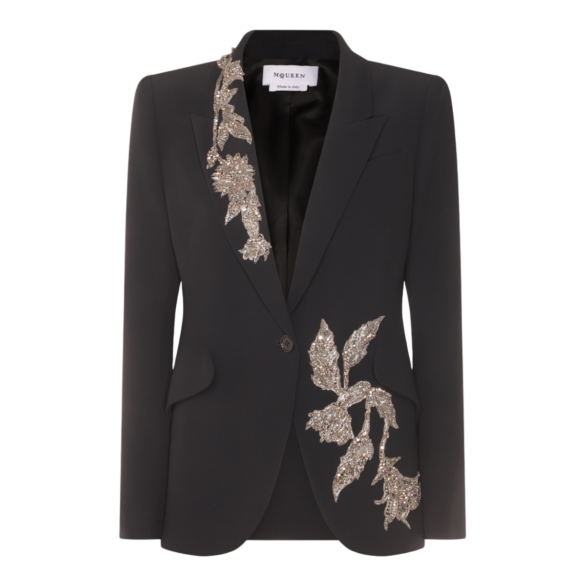 Alexander McQueen Tailored Black Jacket with Floral Embellishments Zwart