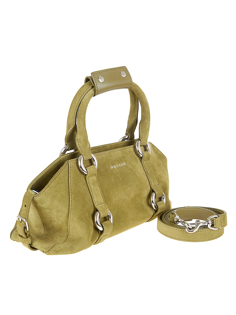Alexander McQueen Elongated Green Suede Farringdon Shoulder Bag Groen