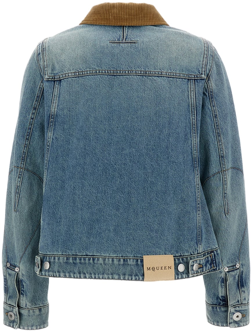 Alexander McQueen A-line Cropped Denim Jacket with Corduroy Collar Blauw