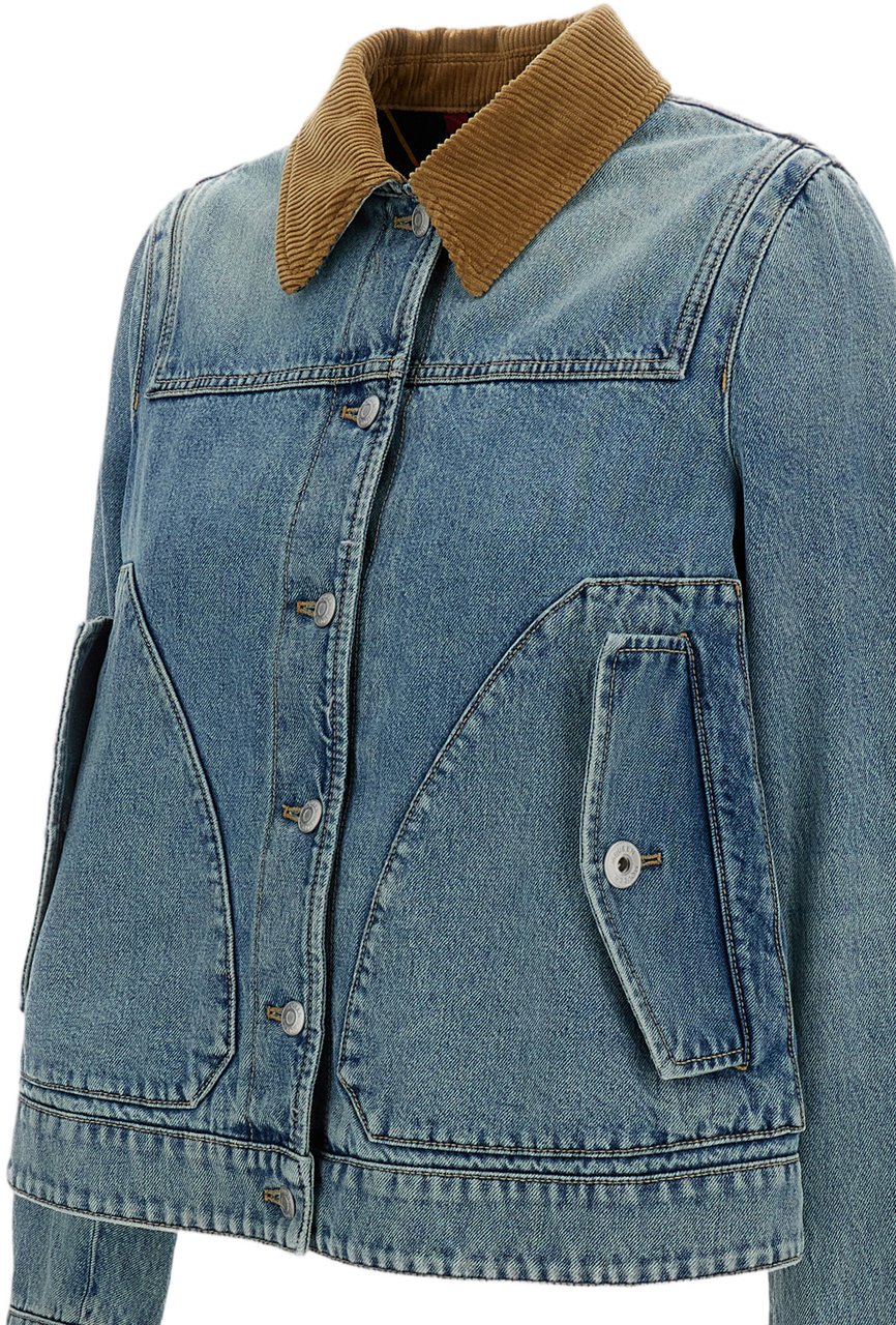 Alexander McQueen A-line Cropped Denim Jacket with Corduroy Collar Blauw