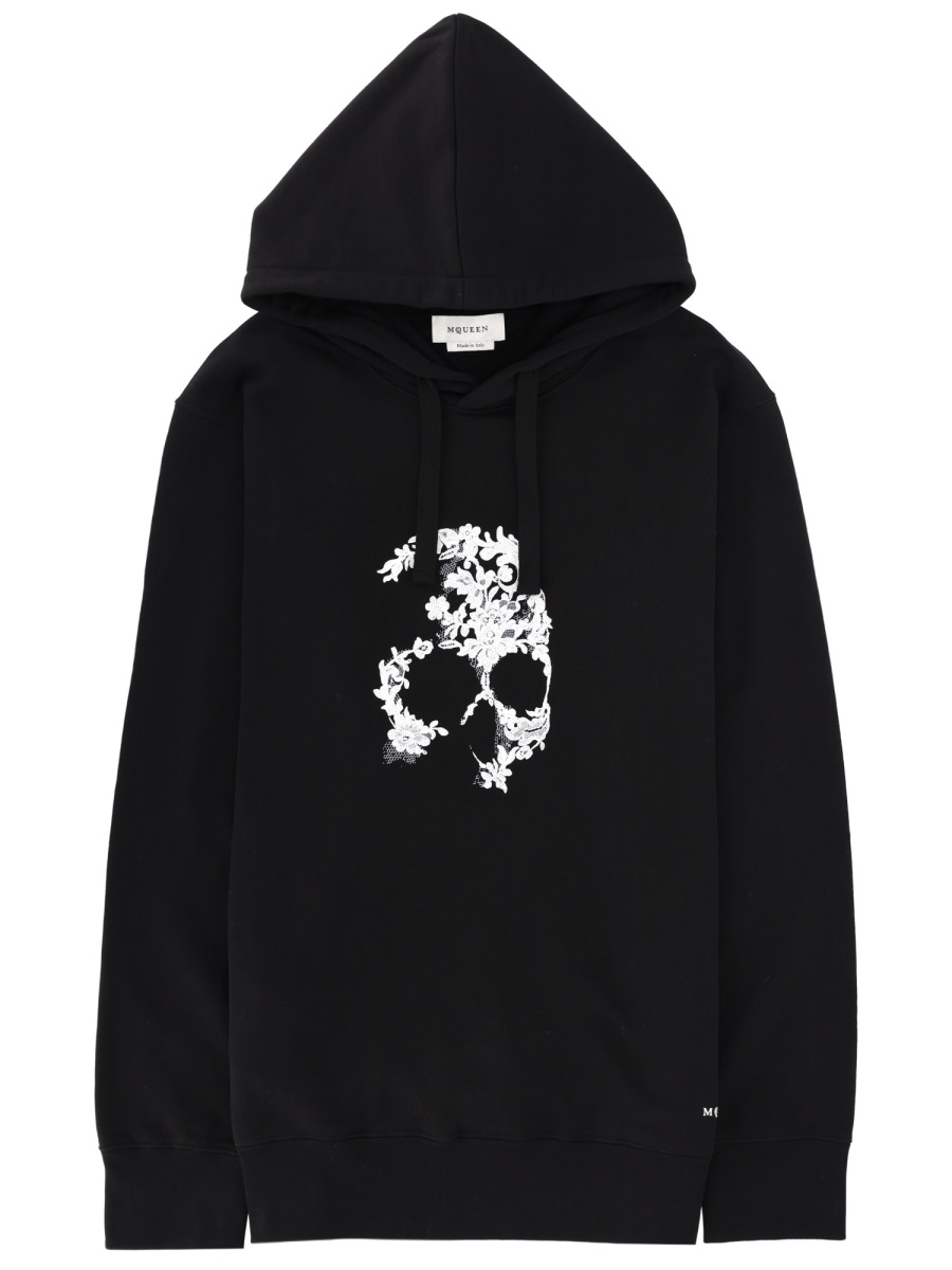Alexander McQueen Skull Motif Cotton Floral Hoodie Zwart