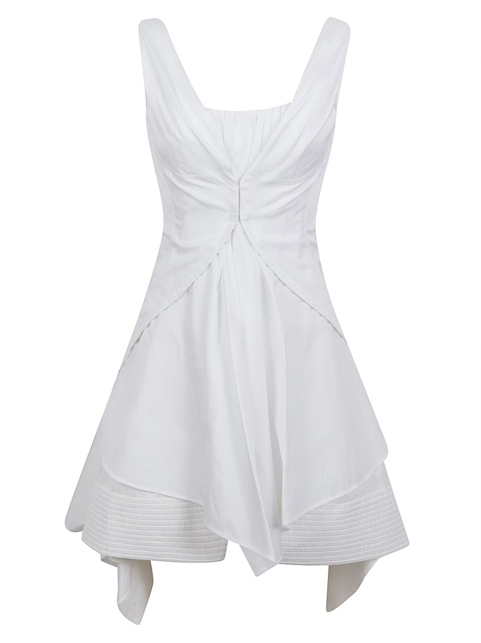 Alexander McQueen Asymmetrical Pleated Mini Dress in Striped Cotton Poplin Wit