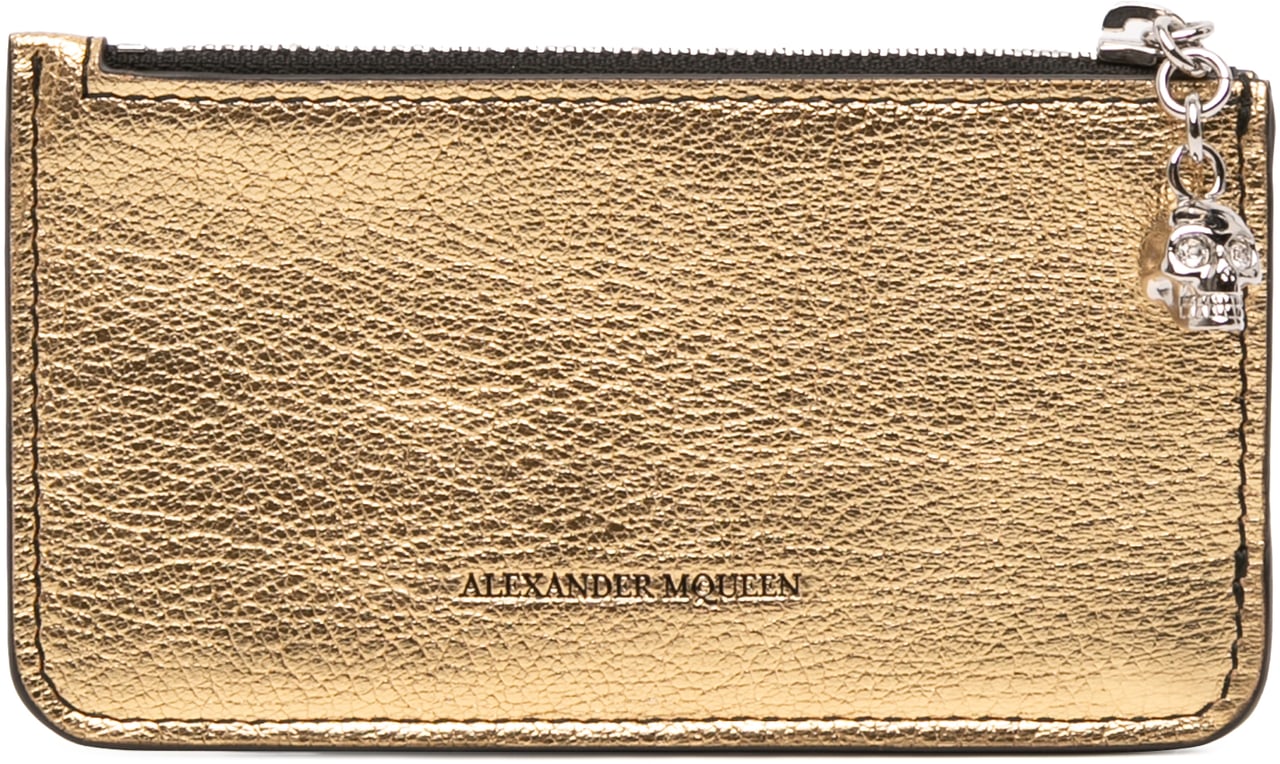 Alexander McQueen Metallic Leather Skull Charm Zip Card Holder Goud