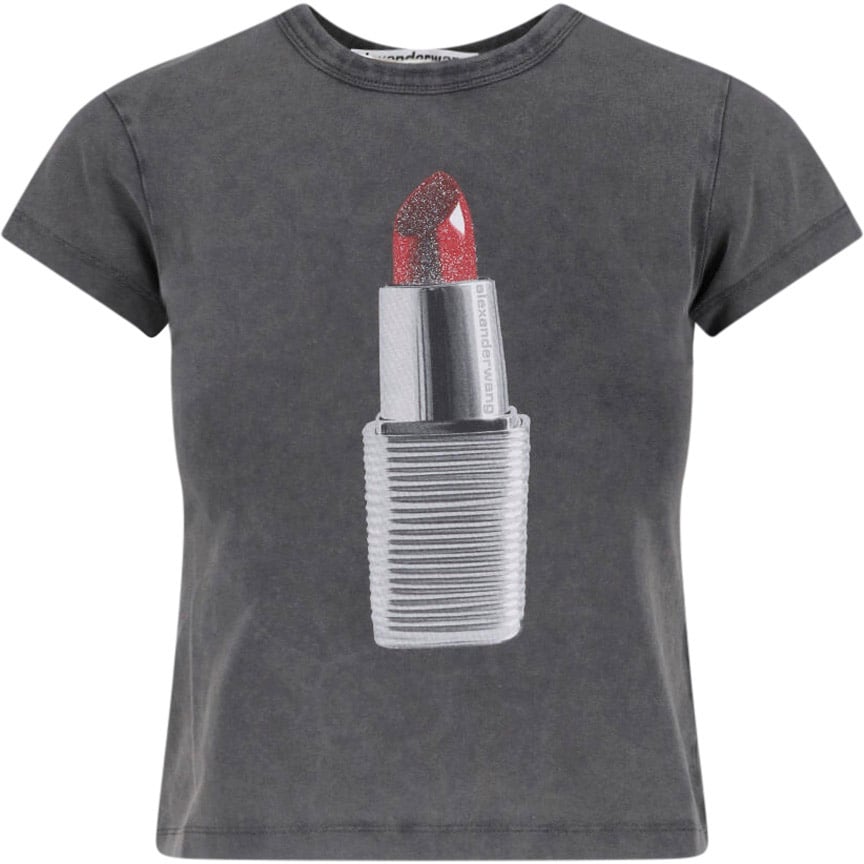 Alexander Wang Black Cropped Graphic Lipstick Cotton T-shirt Zwart