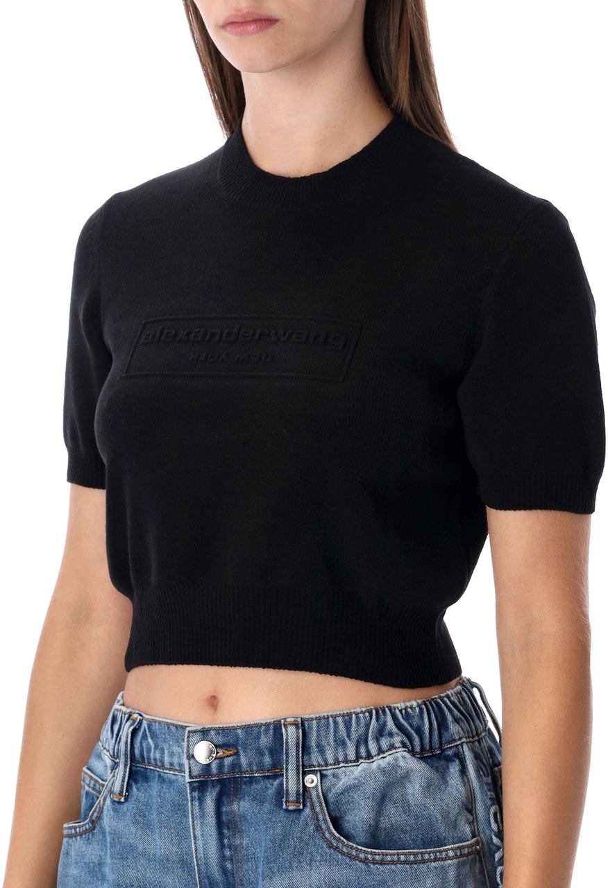 Alexander Wang Embossed Logo Ribbed Ss Tee Nero Zwart