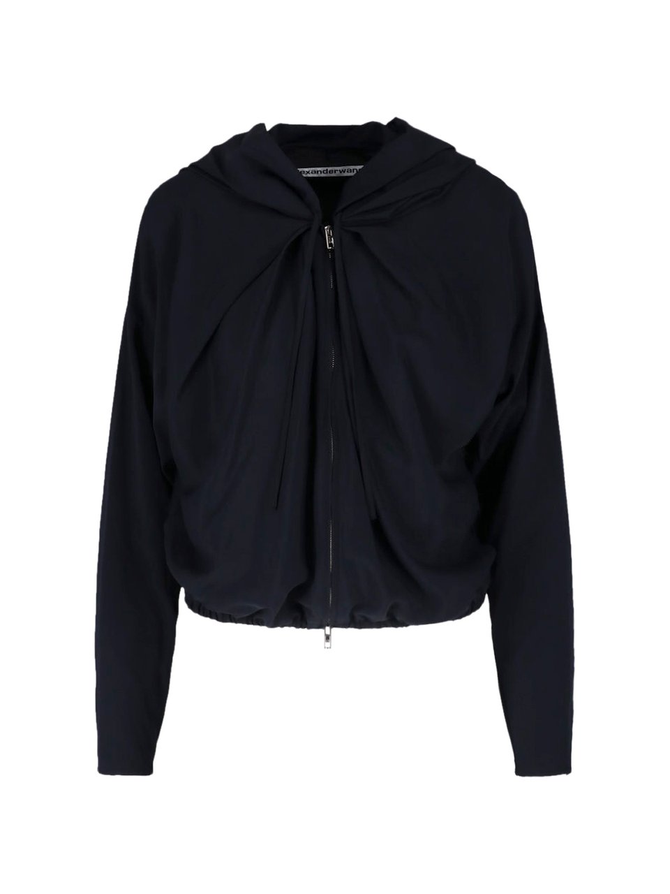 Alexander Wang Cropped Zip-Up Sweater With Gathered Neckline And Hood Zwart