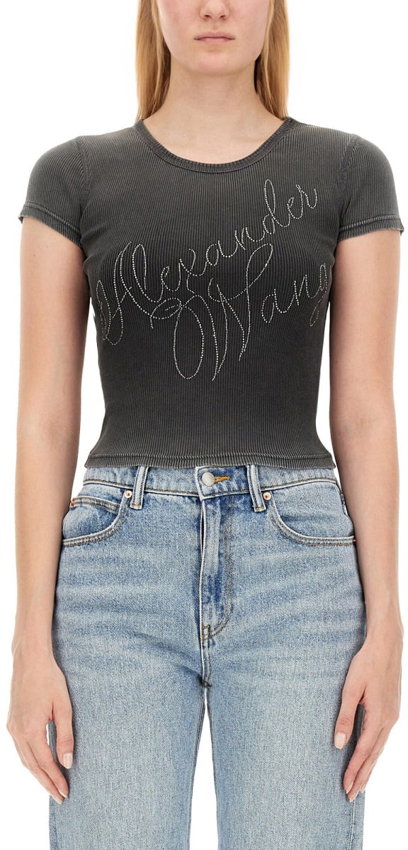 Alexander Wang RHINESTONE LOGO T-SHIRT Grijs