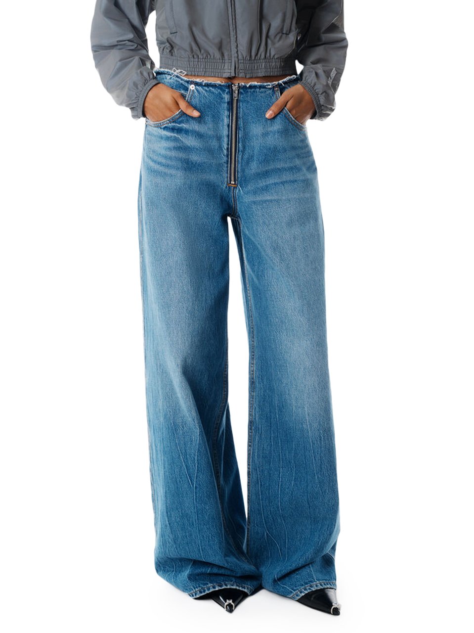 Alexander Wang Low-Rise Wide-Leg Denim Trousers with Exposed Zipper Detail Grijs