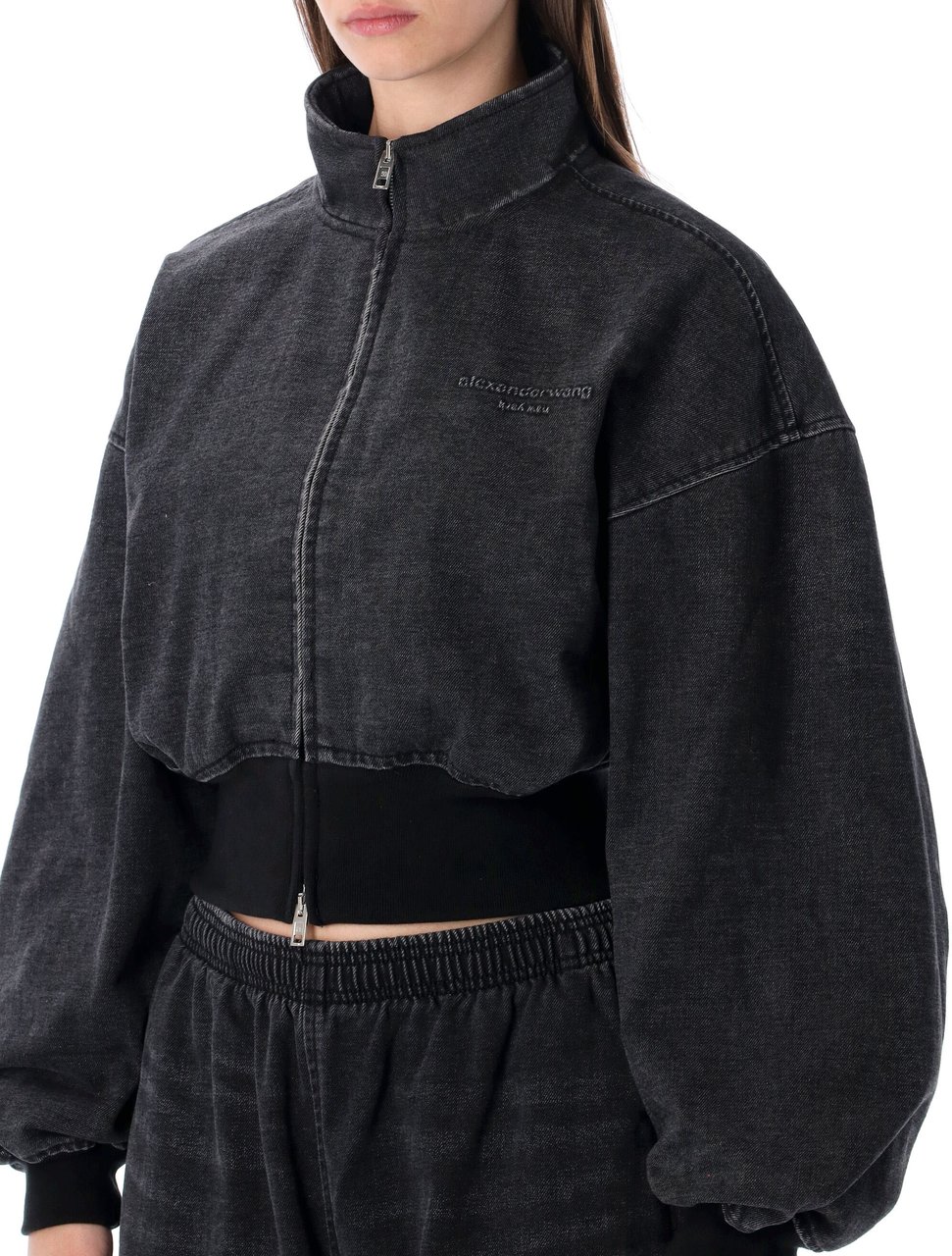 Alexander Wang Funnel Neck Jacket W/ Tall Rib Faded Black Zwart