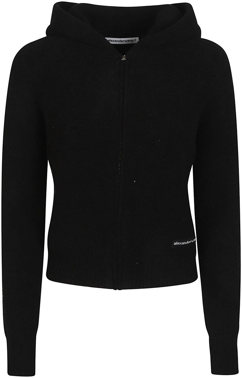 Alexander Wang Long Sleeve Shrunken Knit Logo Label Zip Up Hoodie Sweatshirt Black Zwart