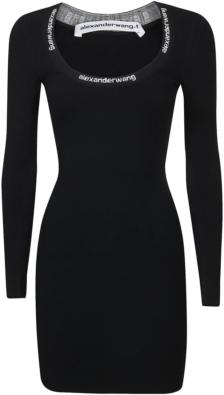 Alexander Wang Logo Jacquard Trim Bodycon Scoop Neck Dress Black Zwart