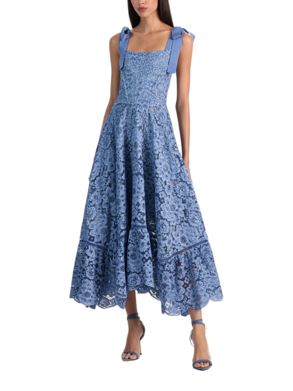 Alice + Olivia Floral Lace Ankle-Length Dress With Corset Bodice And Ribbon Straps Blauw