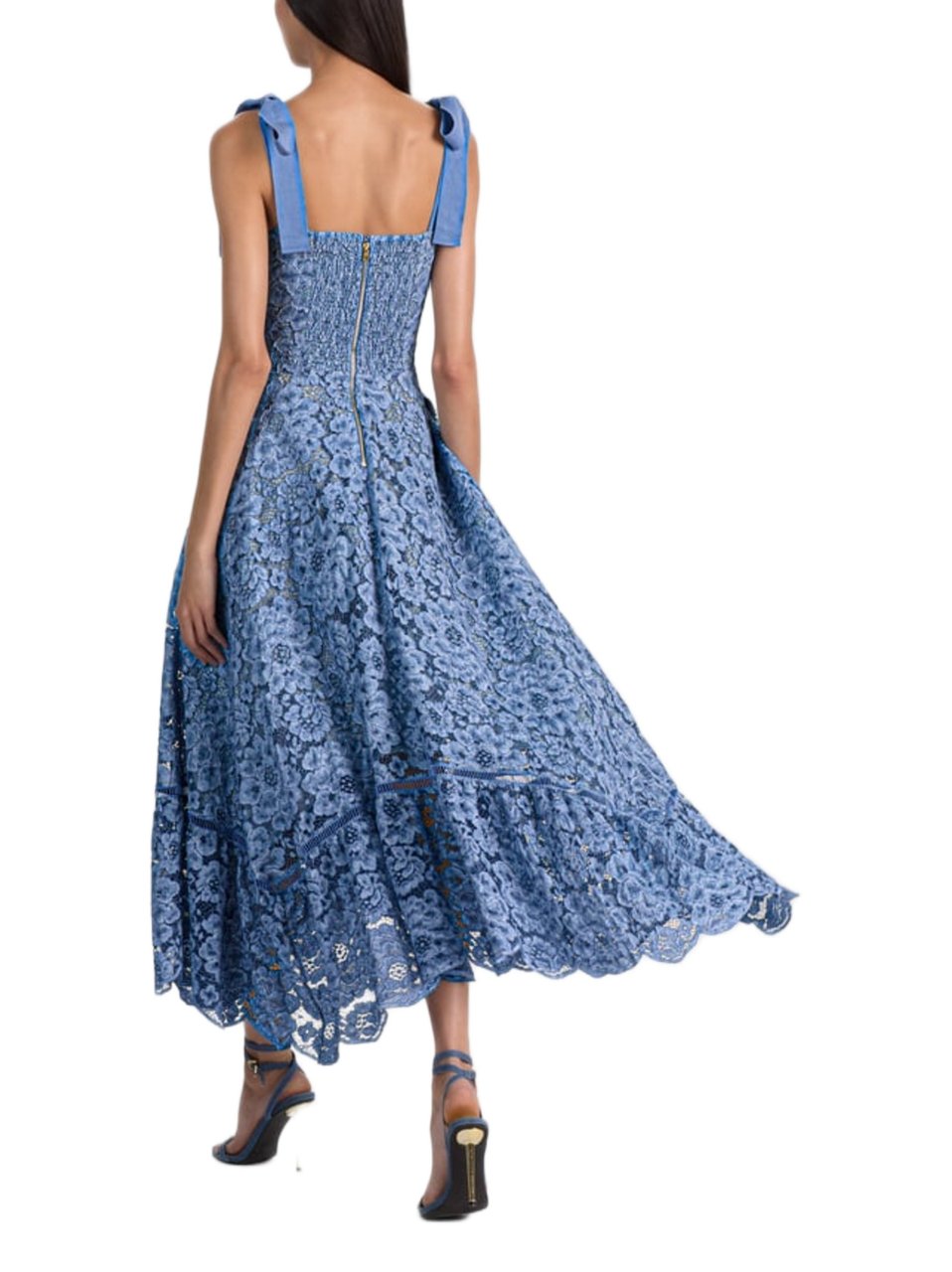 Alice + Olivia Floral Lace Ankle-Length Dress With Corset Bodice And Ribbon Straps Blauw