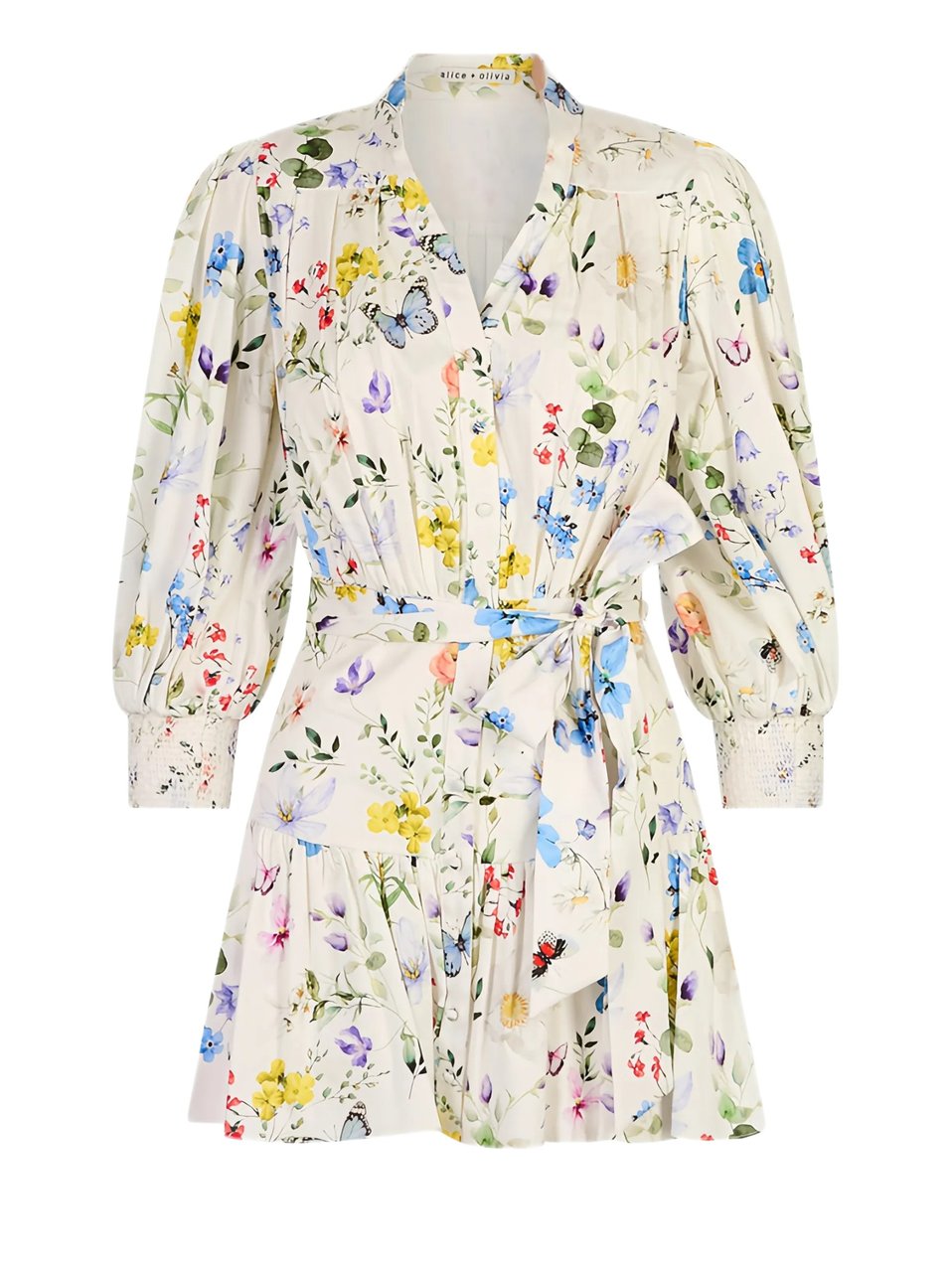 Alice + Olivia Floral Print Mini Dress With Puff Sleeves And Self-Tie Belt Wit