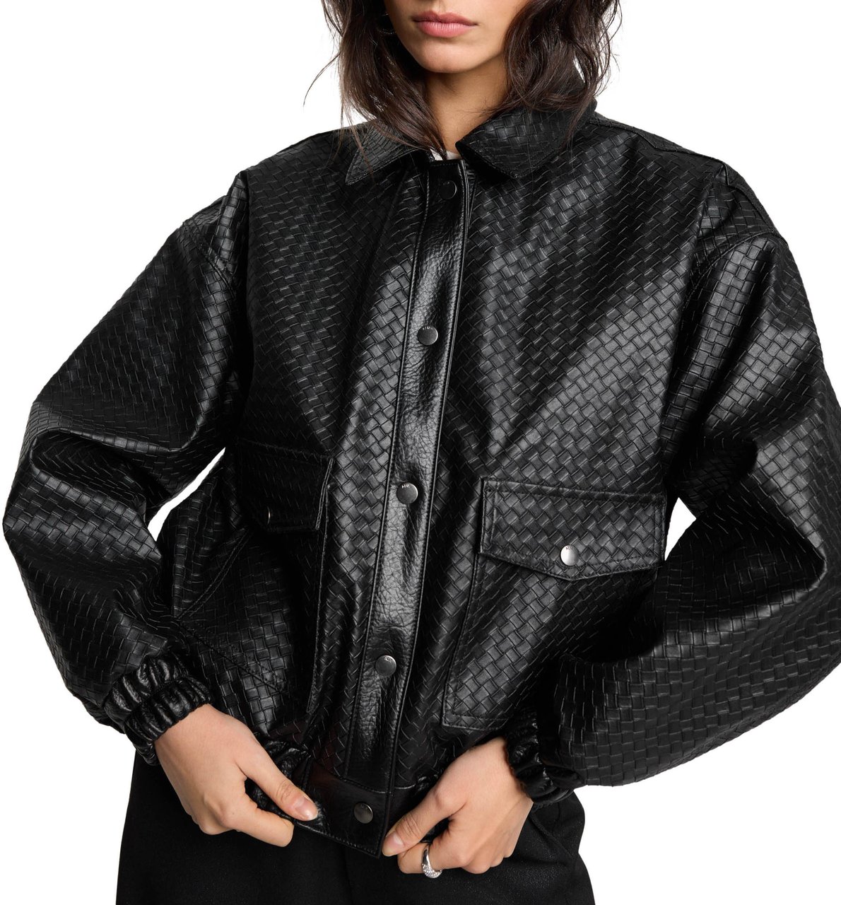 ALIX Woven Braided Faux Leren Jas Zwart