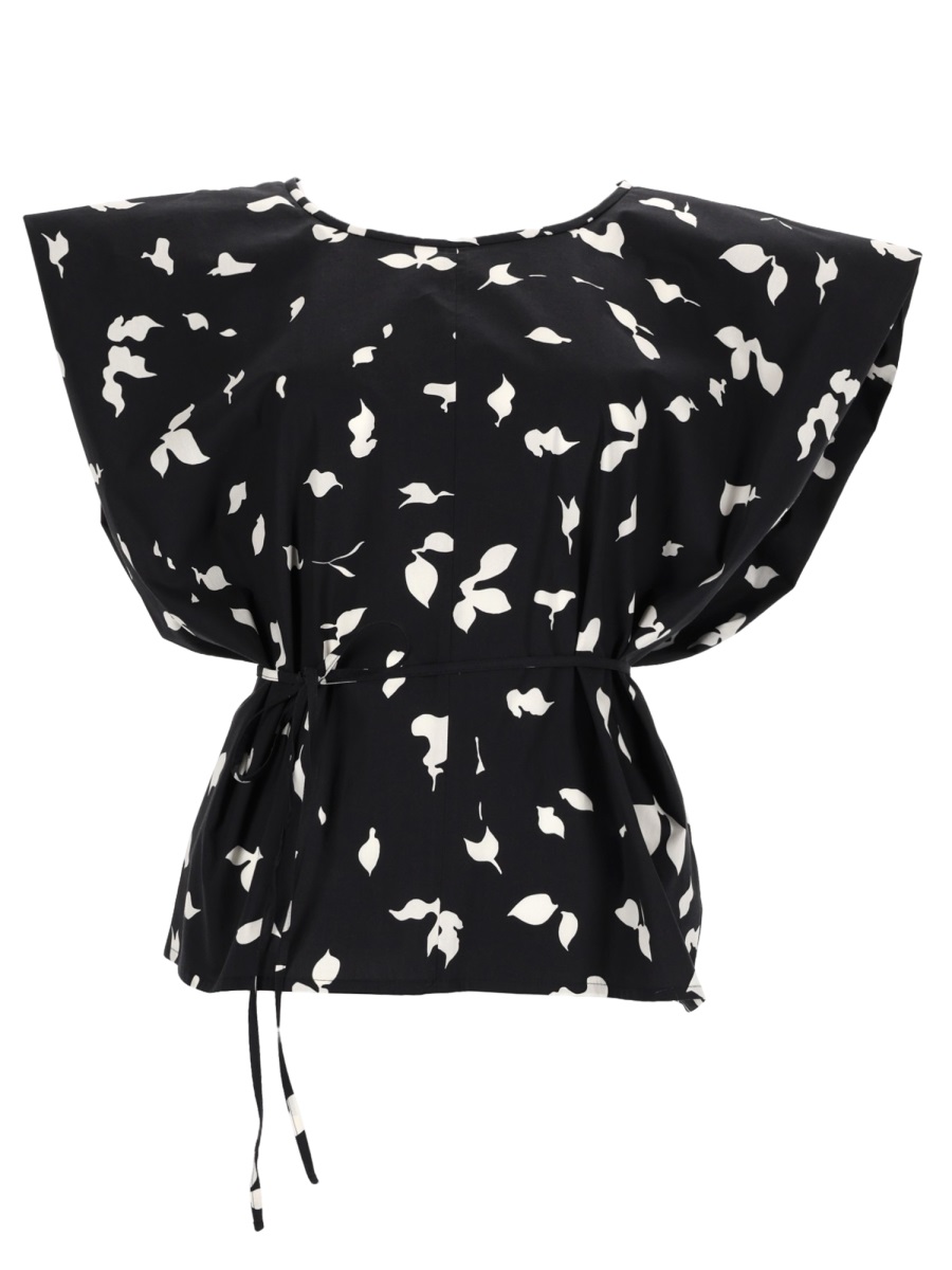 Alysi Black Leaf Print Ribbon Blouse Zwart