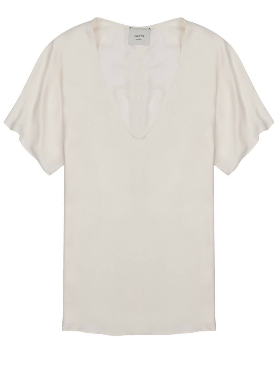 Alysi Neutrals Deep V-Neck Short Sleeves Silk Blouse Wit