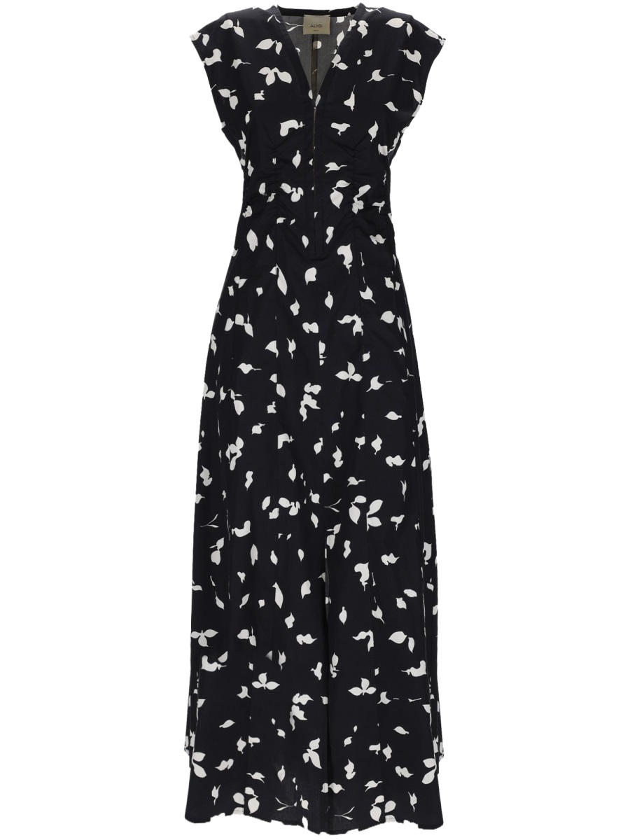 Alysi Black Leaf Print short Ruffled Dress Zwart