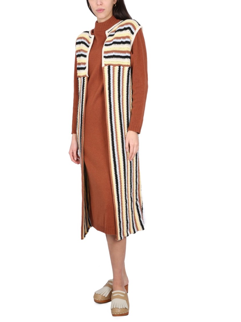 Alysi Open Front Striped Long Vest With Textured Knit Roze