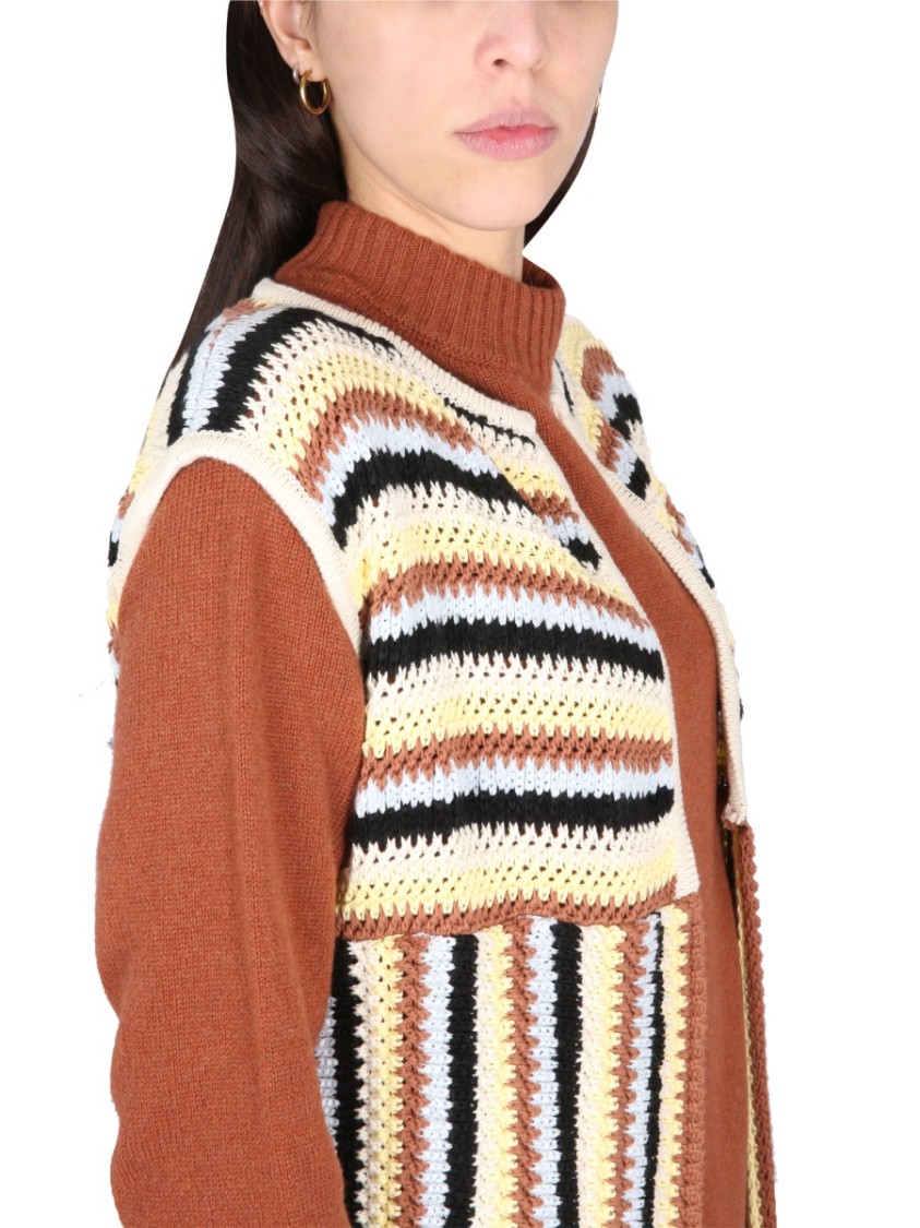 Alysi Open Front Striped Long Vest With Textured Knit Roze