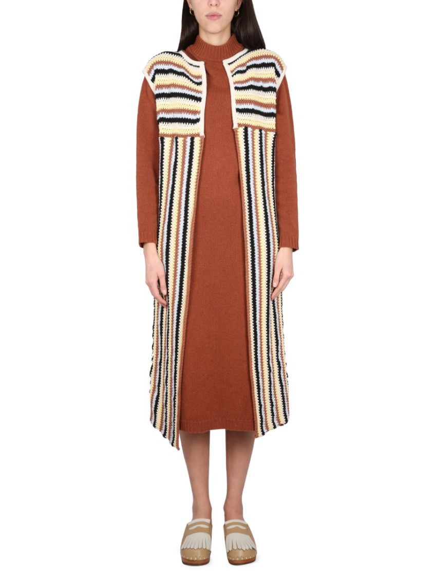 Alysi Open Front Striped Long Vest With Textured Knit Roze
